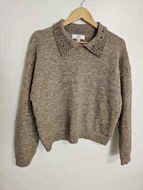 Magaschoni Wool Blend Sweater Knit Brown Stud-Accent Collar Size XL